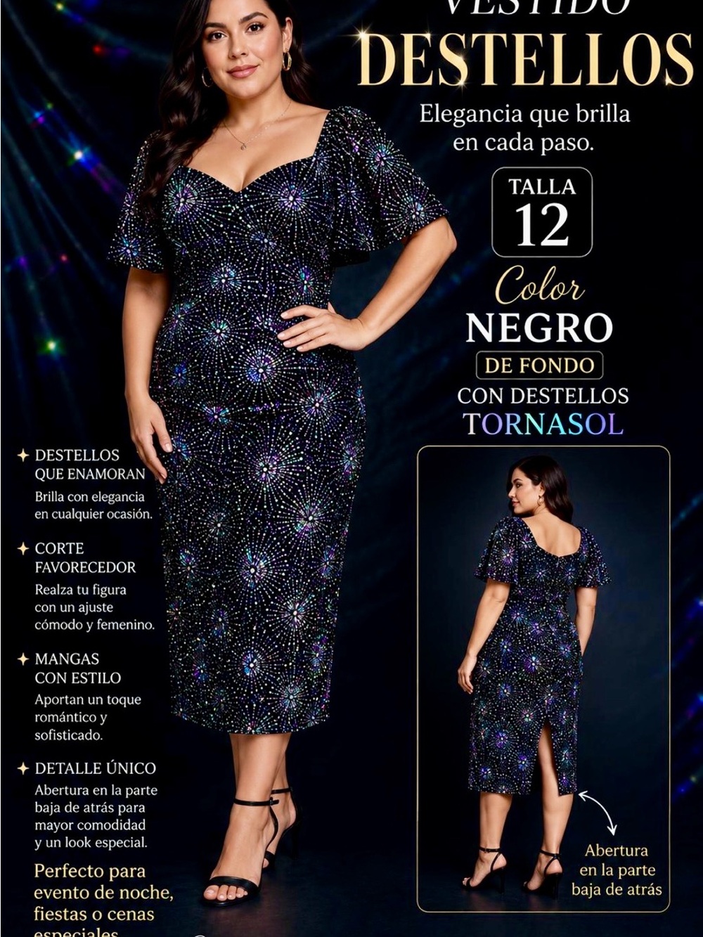 Black Velvet Puff Sleeve Evening Dress with Sparkle Floral Pattern